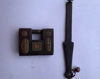 Antique lock, Old Vintage Brass Handmade Work Iron Lock with Huge 1 Strip Key, Unique Collectible Combination Door Security Lock