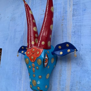 Wall Art Decor, wall hanging, indian wall panel, Cow Head, Wooden Painted Indian Nandi Head, interior decor, Indian Sculpture, animal head,