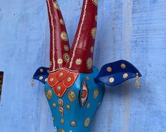 Hand Painted Wooden Nandi Cow Head: Indian Wall Decor - (24 inch)