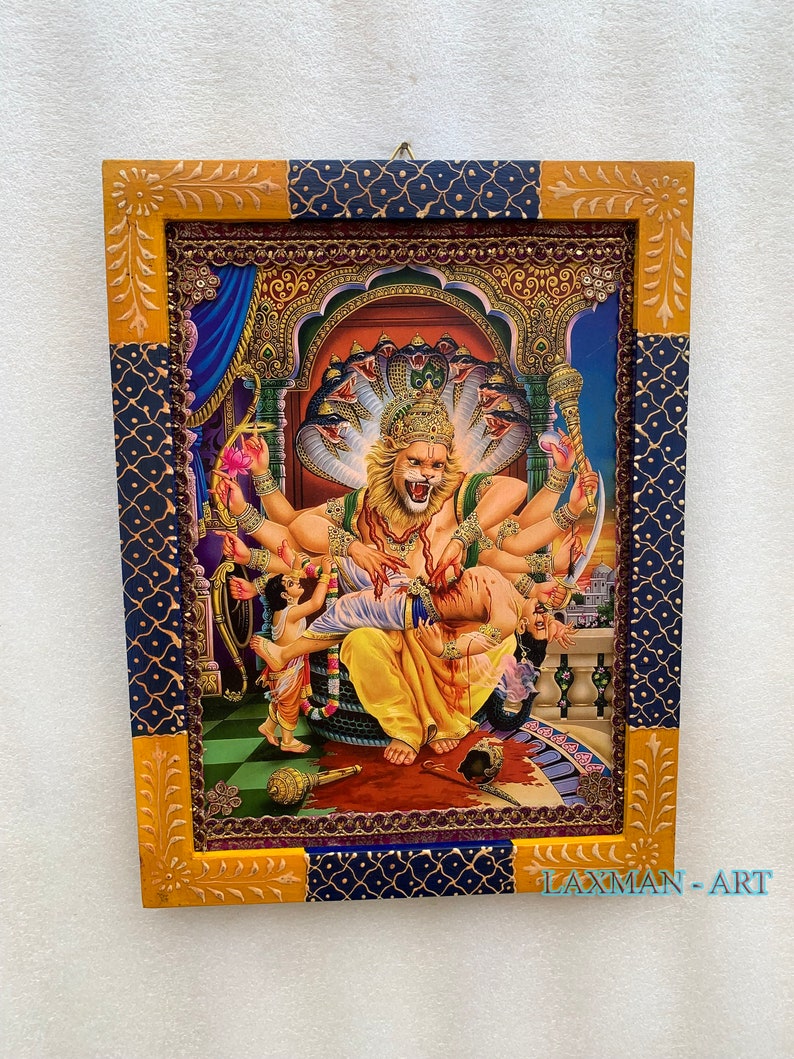 Sri Lakshmi Narasimha Swamy Photo Frame: Vintage Hindu God Painted ...