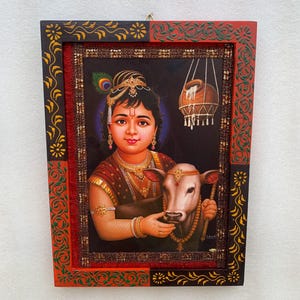 Child Krishna Print: Vintage Indian God Photo in Hand-Painted Wooden Frame