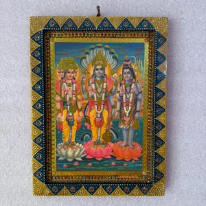 Vintage Frame Picture Brahma Vishnu Mahesh, Indian God Photo, Vintage God Tridev, Wall Hanging, Wall art Decor Wooden Painted Frame- 9 x 12&quot;