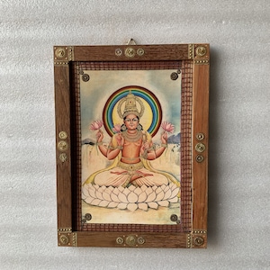 Gott Indra Surya Foto, indische Hindu-Götter Gottheiten Vintage Bilderrahmen, religiöses Foto, Holzbilderrahmen - 21x39 cm