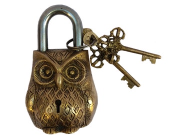 Brass Lock, Owl Shaped lock, Vintage Indian padlock, Handmade Antique Design, Unique Collectible of Style & Security Door Lock with 2 Keys