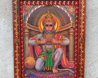 Hanuman Photo Frame, Bajrangbali Photo, Vintage Indian Deities, God Photo, Wooden Wall Decor Picture Painted Frame - 8.5 x 11.5"