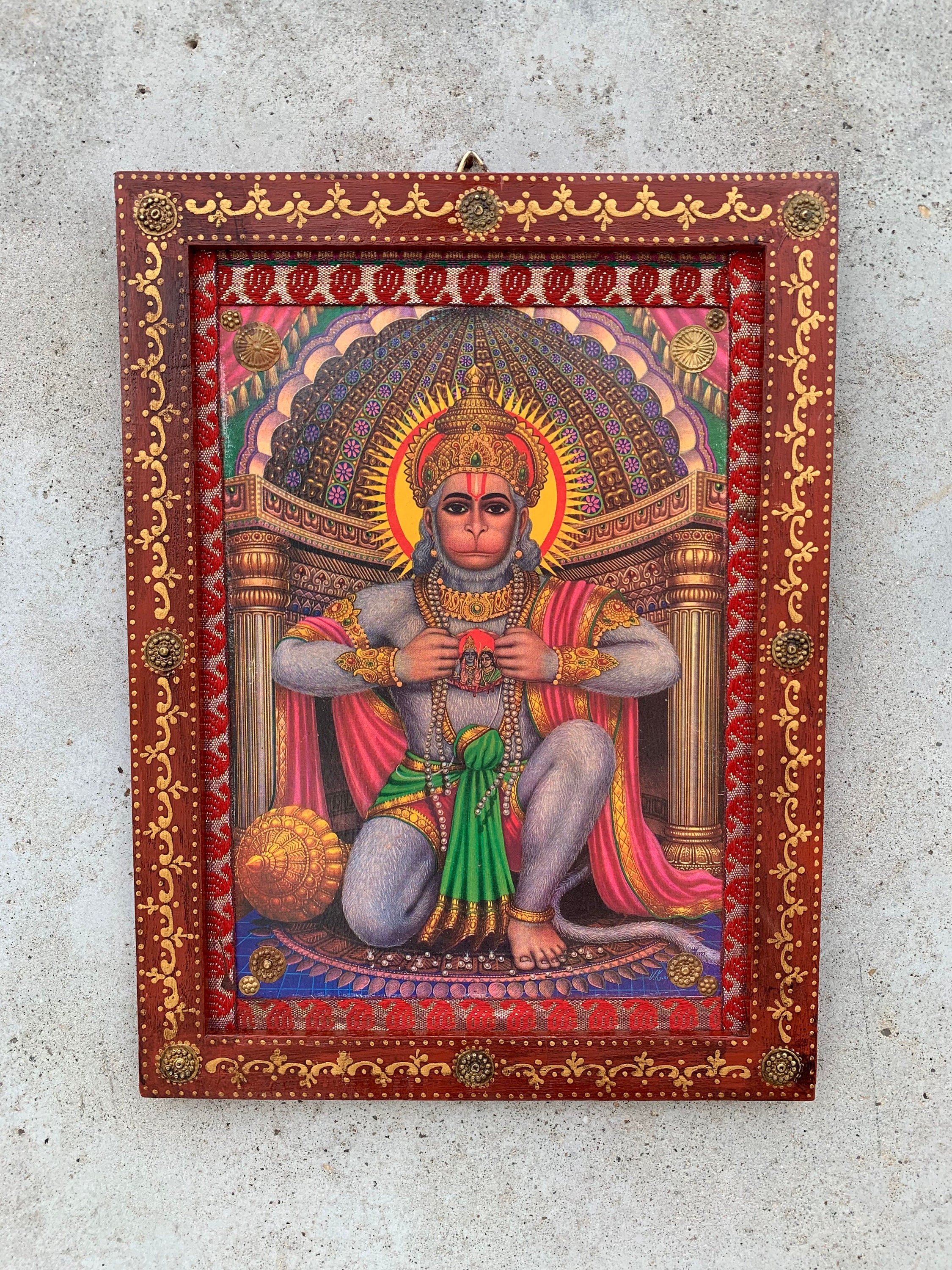 Hanuman Photo Frame, Bajrangbali Photo, Vintage Indian Deities, God Photo, Wooden Wall Decor Picture Painted Frame - 9 x 12"