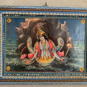 Lord Vishnu Photo, Kurma Avatar Vishnu God, Hindu Religious God Vintage India Picture with Wooden Painted Frame-11.5x8.5 image 4