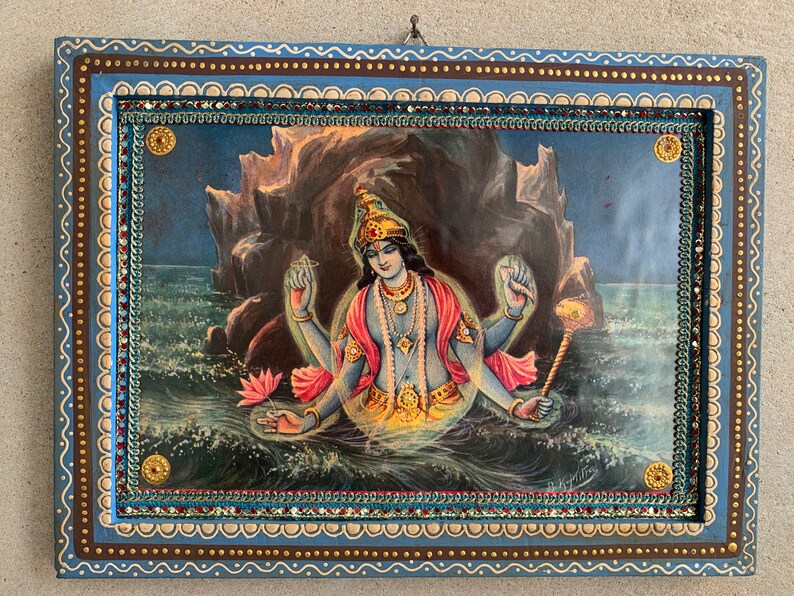 Lord Vishnu Photo, Kurma Avatar Vishnu God, Hindu Religious God Vintage India Picture with Wooden Painted Frame-11.5x8.5 image 4