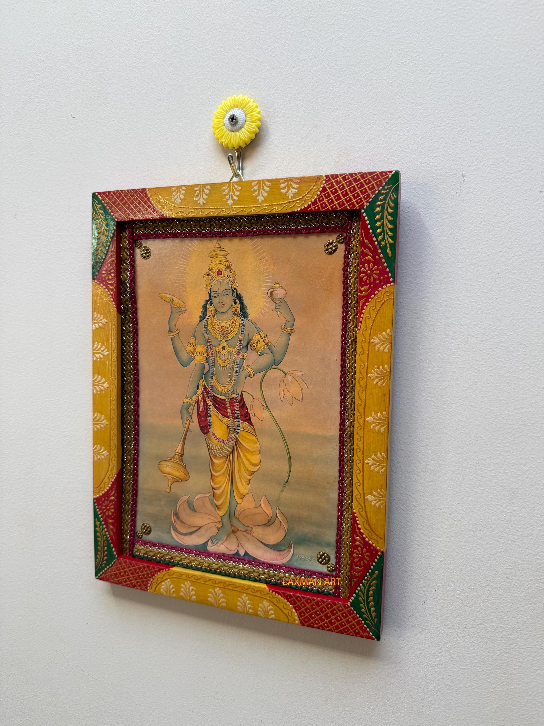 Vintage Lord Vishnu Picture Frame Indian God Photo Wooden Wall Art ...