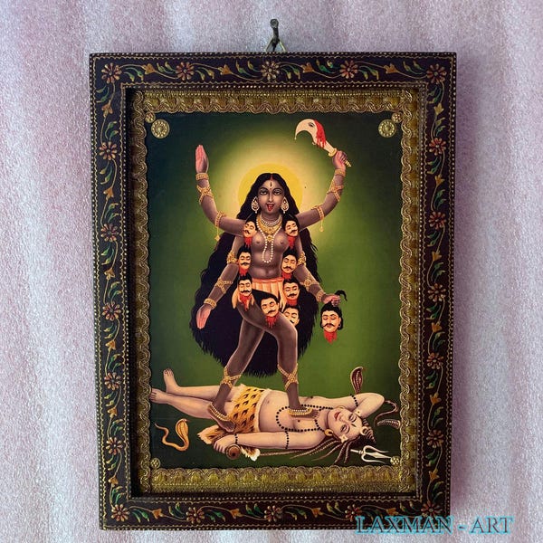 Kali Hindu Art Print: Vintage-Style Devotional Photo in Hand-Painted Wooden Frame (9x12")