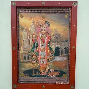 Krishna Indian Vintage Print in Handmade Frame: Hindu Wall Decor (16 x 22 Inch)
