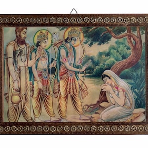 Photo de Rama Lakshman, Rama donnant le salut à Ahilya une scène du Ramayana, cadre photo en bois vintage dieux indiens, photo religieuse 23 x 20 cm