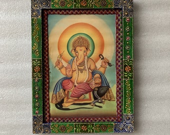 God Ganesha Vintage Photo Frame, Indian Deities Old Photo, Indian Gods Religious Photos Wooden hand Painted Frame-8.5x11.5"