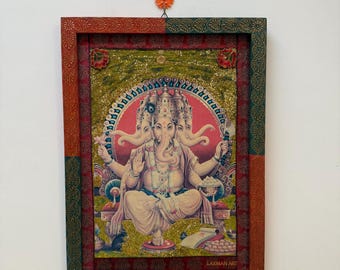 Marco de arte vintage Panchmukhi Ganesha: decoración religiosa india hecha a mano (16.0 x 22.0 in)