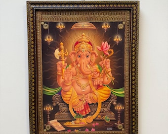 Marco de arte vintage de Ganesha: decoración de pared hecha a mano de una deidad india (40,6 x 55,8 cm)