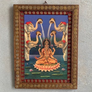 Gaja Lakshmi Photo Frame, Indian God Frame, Goddess Laxmi Mata Photo, Vintage Indian Gods Photo, Wooden Religious Frame Wall-8.5x11.5&quot;