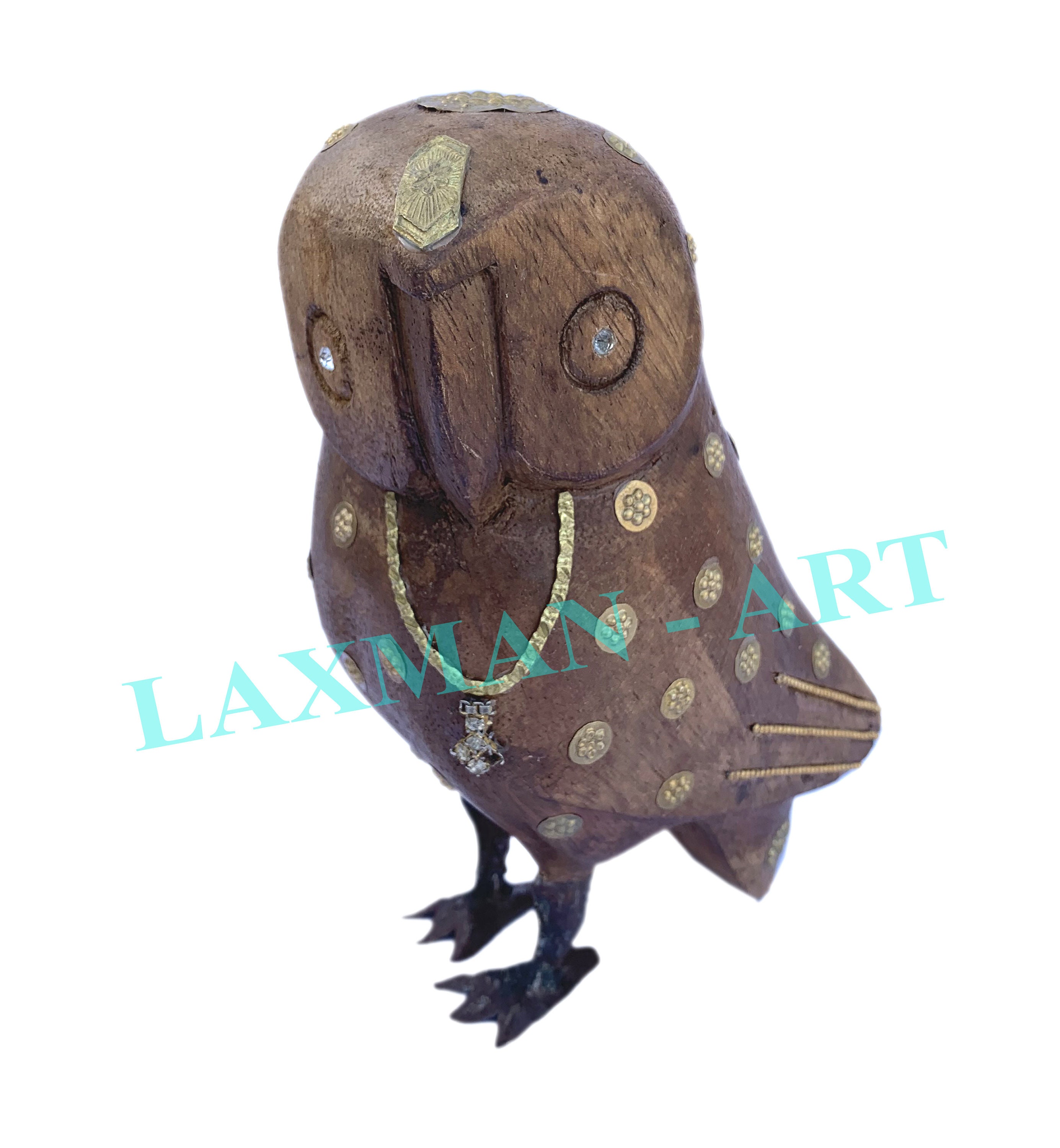 Handmade Wooden Owl Statue with Brass Jewelry Inlay