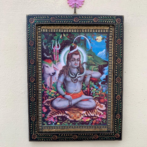 Shiva Photo Frame: Hand-Painted Wooden Indian God Art (9 x 12")