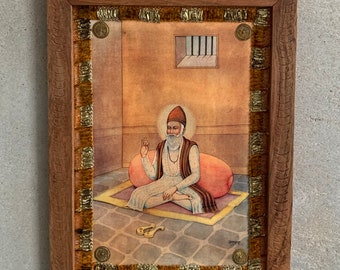 Indian Saint Kabir Das Photo, Indian Mystic Poet Religious Sadhu Mahatma Frame, Vintage Wooden Indian Photo Frame for Wall Decor-8.5x11.5"