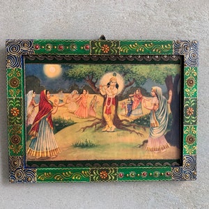 Krishna Gopies Photo: Vintage Hindu Art in Handmade Painted Frame (8.5x11.5&quot;)