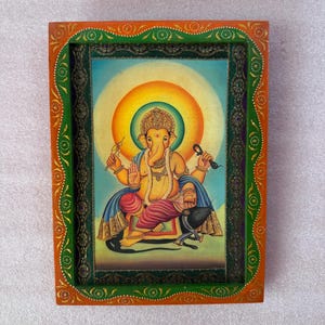 God Ganesha Vintage Picture Frame, Indian Deities Old Photo, Indian Gods Religious Photo, Wooden Wall Art Decor hand Painted Frame - 9 x 12&quot;