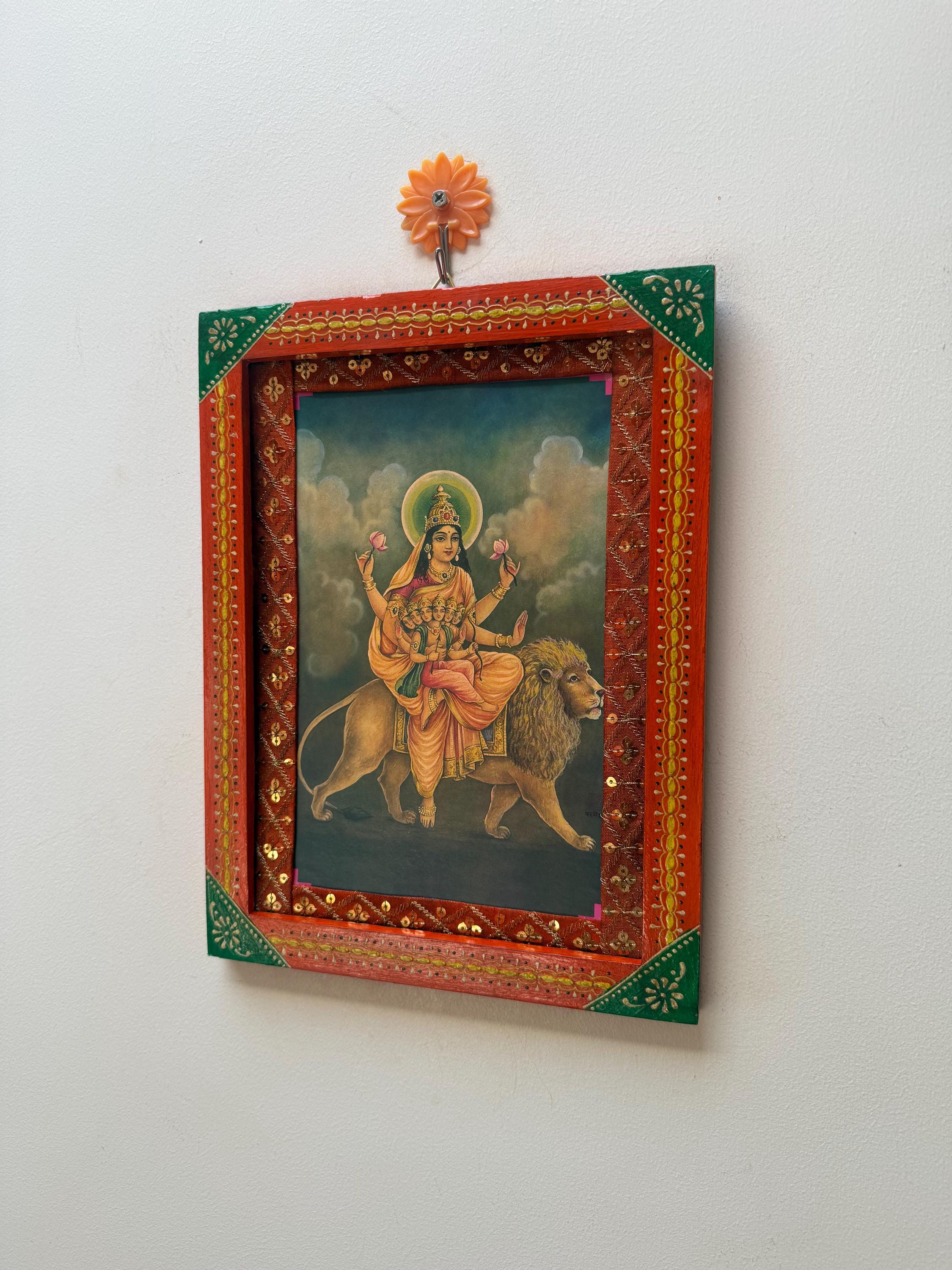 Skandamata Durga Photo: Vintage Hindu Goddess Art in Wooden Frame Wall ...