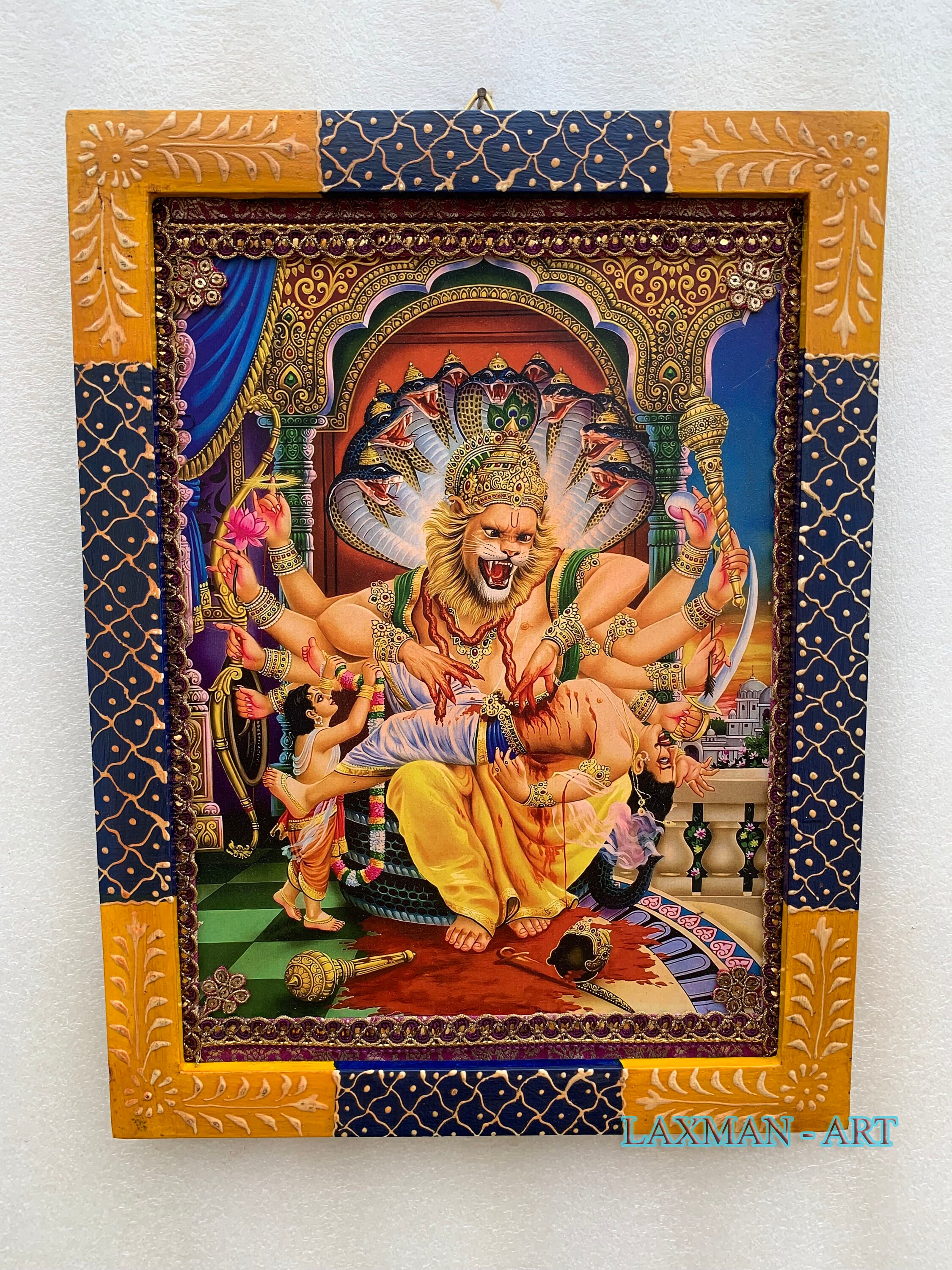 Sri Lakshmi Narasimha Swamy Photo Frame: Vintage Hindu God Painted ...