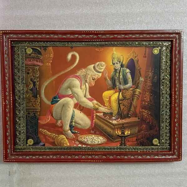 Zdjęcie przedstawiające Ramę Hanuman w stylu vintage: ręcznie wykonany obraz indyjskiego boga, drewniana rama (16 x 22 cale)