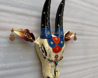 Wooden Nandi Cow Head, Hand-Painted Jewellery Work Wall Art Decor - 15 inch