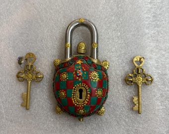 Handmade Brass Turtle Padlock: Green & Gold Decorative Lock With Keys ...