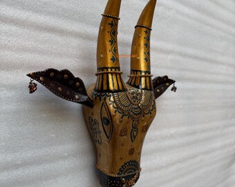 Vintage Hand-Painted Wooden Nandi Cow Head Wall Hanging Wall Art Decor - 15 inch