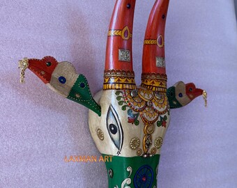 Vintage Hand Painted Wooden Nandi Cow Head: Indian Wall Decor (15 inch)