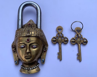 Padlock Brass Buddha, Buddha Shape lock, Vintage lock, Antique Design Unique Showpiece Collectible Combination Door Security Lock with 2 Key