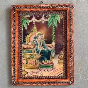 Indian Religious God Srimati Radharani Photo with Vintage Hand painted wooden Frame, Deity Photo for Housewarming Gift- 8.5x11.5&quot;
