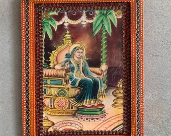 Indian Religious God Srimati Radharani Photo with Vintage Hand painted wooden Frame, Deity Photo for Housewarming Gift- 8.5x11.5"