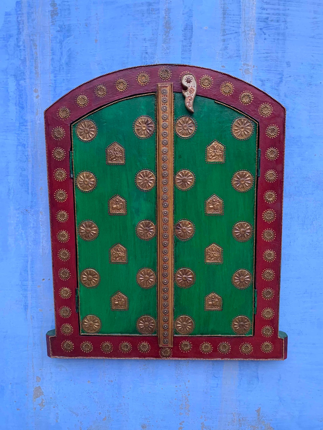 Vintage Wooden Hand Carved Window With Brass Work, Wooden Wall Hanging