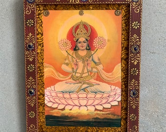 God Indra Surya Photo with Hand painted Wooden Frame, Indian Hindu Gods Deities Vintage Picture Frame, Religious Photo- 8.5x11.5"