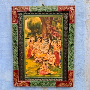 Radha Krishna Picture Frame: Vintage Indian God Photo, Hand-Painted Wooden Decor (9x12)