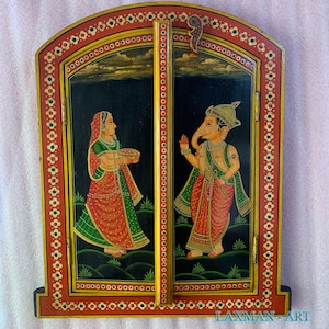 Vintage Handpainted Ganesha Wooden Window Frame: Indian Wall Art