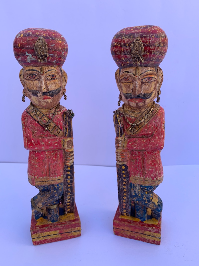 9 Inch Laxman Art Vintage Old Handicraft Wooden Hand Painted Welcome ManGate ManChowkidarRoyal GuardFigurine Statue Showpiece in Pair