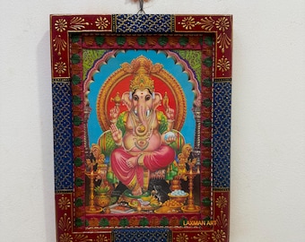 Marco vintage de Ganesha: decoración de pared pintada a mano con el dios indio (23 x 30 cm)