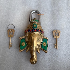 Brass Ganesha Lock, Vintage Stone Work Padlock with 2 Keys Door Security lock