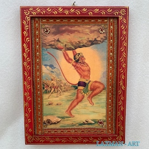 Frame Photo Hanuman, Bajrangbali Photo, Vintage Indian Deities, God Photo, Wall Hanging Wooden Wall Art Decor Picture Painted Frame- 9 x 12&quot;