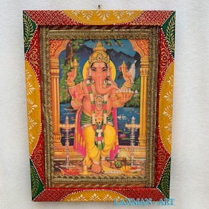 God Ganesha Vintage Photo Frame, Indian Deitie Old Photo, Wall Hanging, Wall Decor, Indian Gods Religious Photo Hand Painted Frame - 9 x 12&quot;