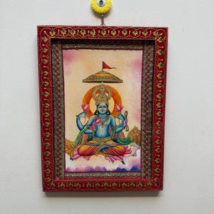 Vintage Varun Dev Picture: Hindu God Teak Wood Painted Frame Wall Decor (9 x 12")