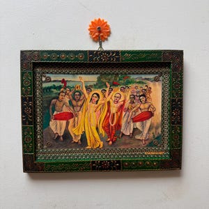 Vintage Indian Saint Chaitanya Mahaprabhu Picture, Religious Photo frame, Wooden Painted Photo Frame for Wall Decor Puja Decor - 9 x 12 &quot;