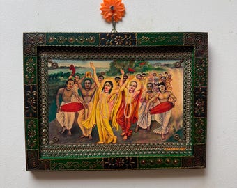 Vintage Saint Chaitanya Mahaprabhu Photo Frame: Hand-Painted Wooden Hindu Art - 9 x 12 Inch