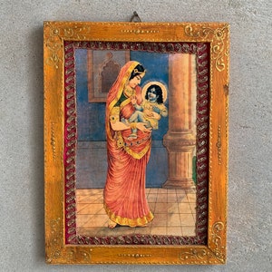 Krishna and Yashoda Photo Frame: Vintage Indian God Art, Hand-Painted Wood