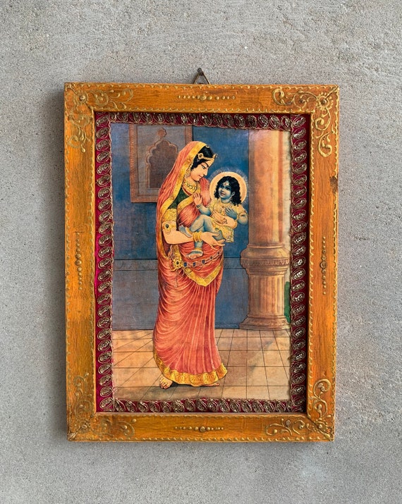 インドの古い宗教絵画　額装　ベビークリシュナ　アンティーク インドの古い宗教絵画 額装 ベビークリシュナ アンティーク