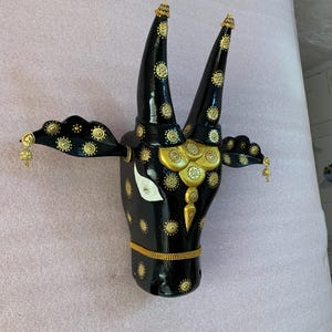 Hand Painted Wood Nandi Cow Head: Indian Wall Decor Sculpture - 15 inch